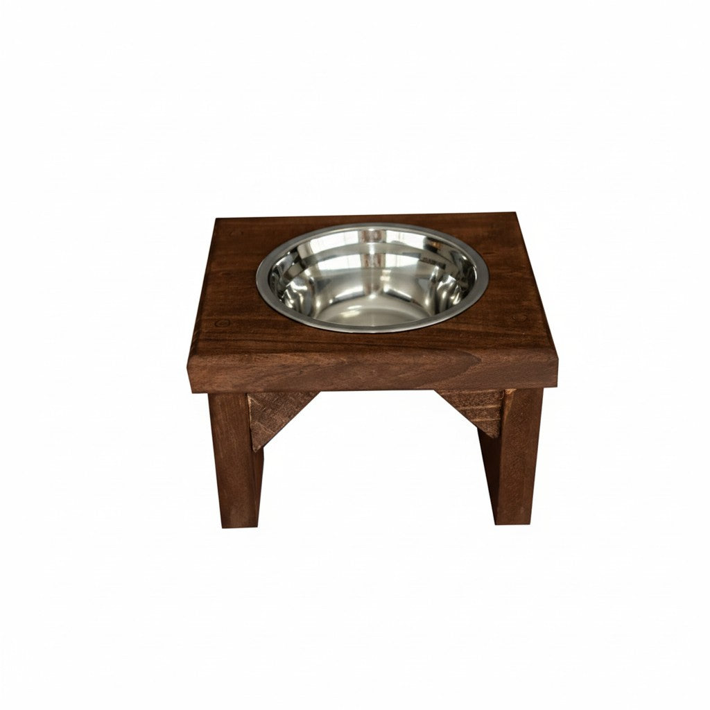 Comedouro Individual Pet Madeira tigela Inox Marrom Drop