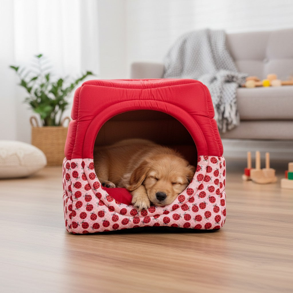 Toca Iglu Pet confortavel Caes Gatos Vermelho Joaninha Drop